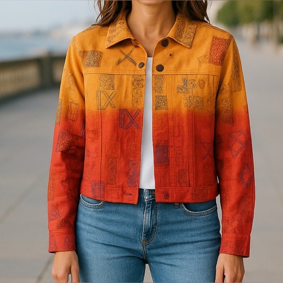 Coldwater Creek Ombré Embroidered Denim Jacket, orange/red. Womens Xsmall - Picture 1 of 5